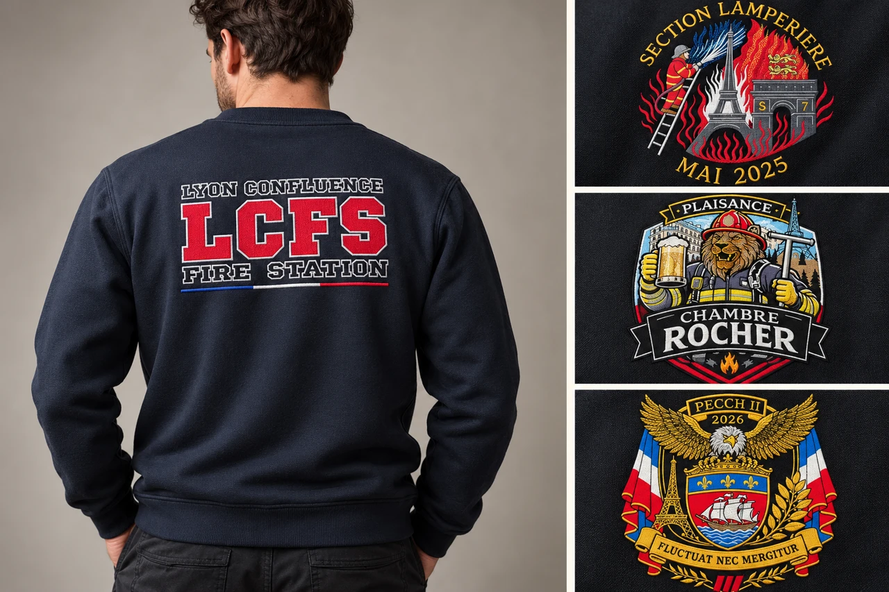 Mise en situation d’un sweat brodé LCFS Lyon Confluence porté de dos, avec trois exemples de broderies de l’atelier